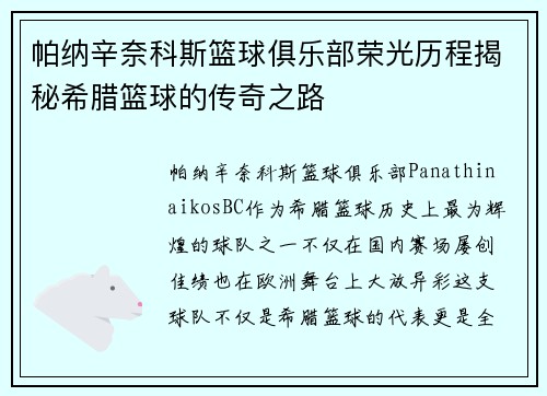 帕纳辛奈科斯篮球俱乐部荣光历程揭秘希腊篮球的传奇之路