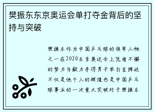 樊振东东京奥运会单打夺金背后的坚持与突破
